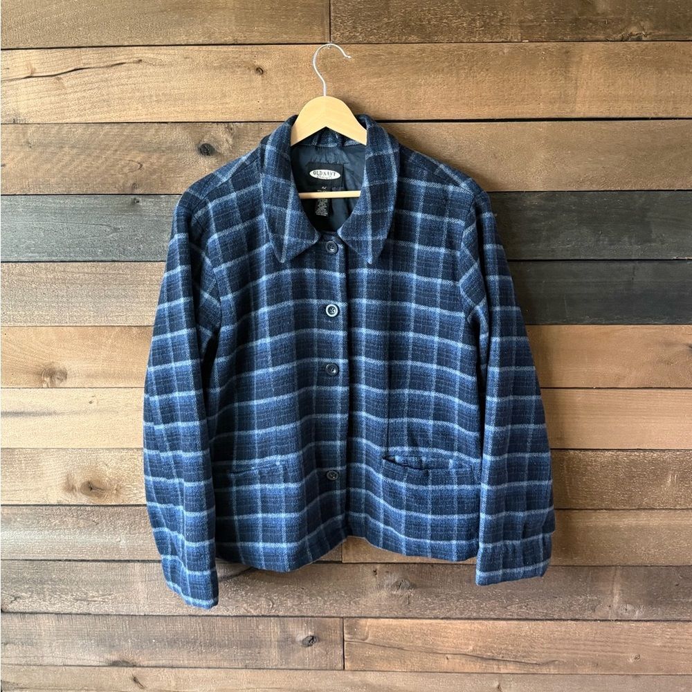 Vintage Style Navy Plaid Wool Blend Jacket Coat Shacket Minimal